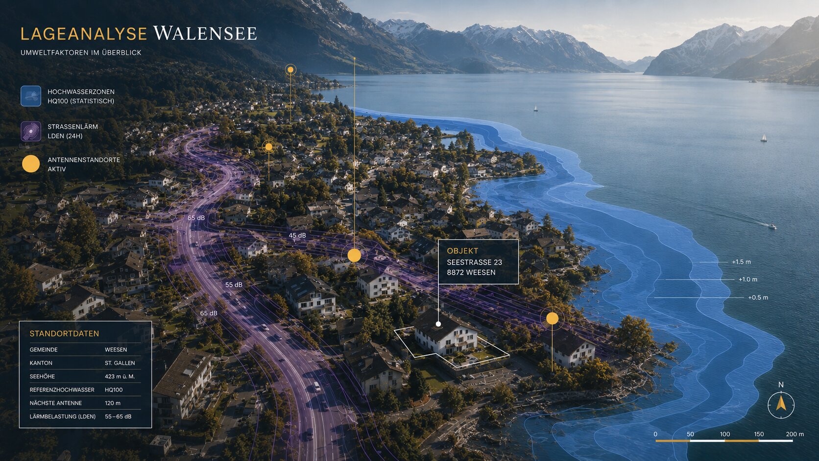 Lageanalyse zu einer Schweizer Adresse: Hochwasserzonen, Strassenlärm-Konturen und Antennen-Standorte auf einer Karte zusammengeführt